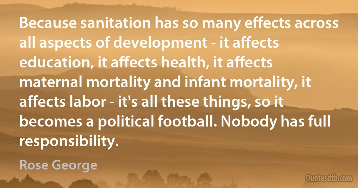 Because sanitation has so many effects across all aspects of development - it affects education, it affects health, it affects maternal mortality and infant mortality, it affects labor - it's all these things, so it becomes a political football. Nobody has full responsibility. (Rose George)