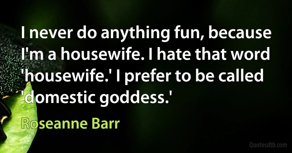 I never do anything fun, because I'm a housewife. I hate that word 'housewife.' I prefer to be called 'domestic goddess.' (Roseanne Barr)