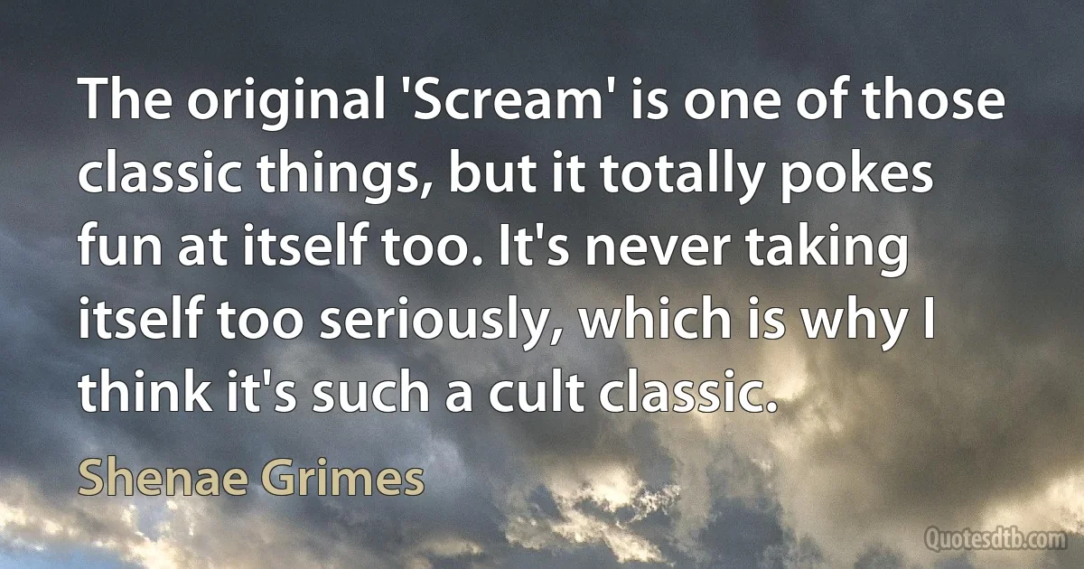 The original 'Scream' is one of those classic things, but it totally pokes fun at itself too. It's never taking itself too seriously, which is why I think it's such a cult classic. (Shenae Grimes)