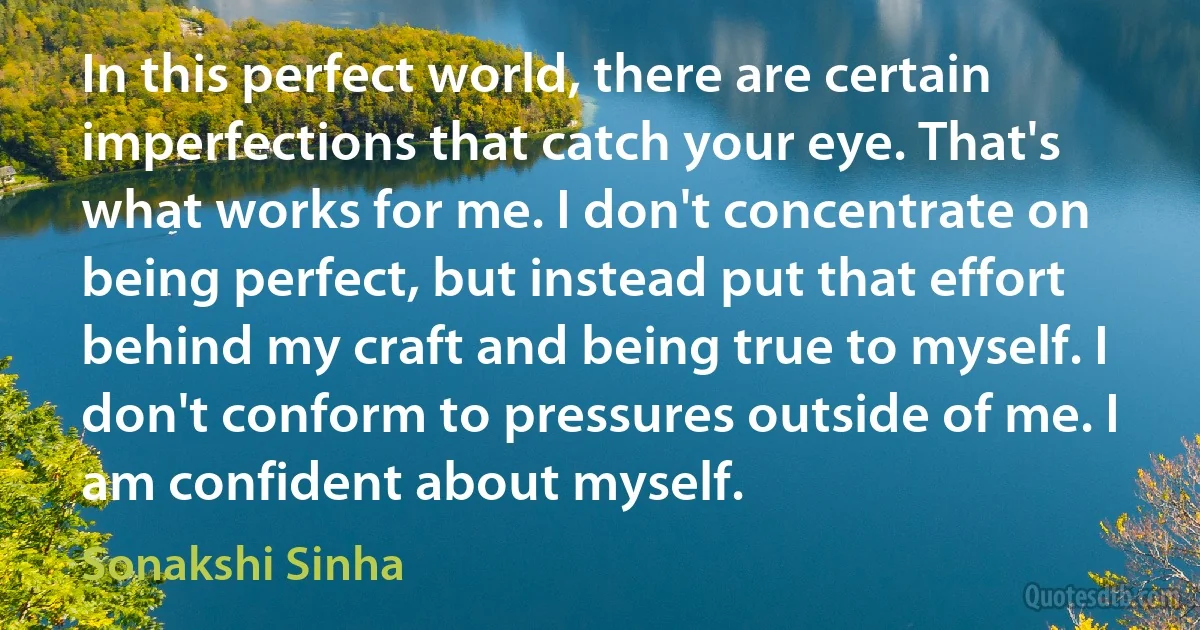 In this perfect world, there are certain imperfections that catch your eye. That's what works for me. I don't concentrate on being perfect, but instead put that effort behind my craft and being true to myself. I don't conform to pressures outside of me. I am confident about myself. (Sonakshi Sinha)