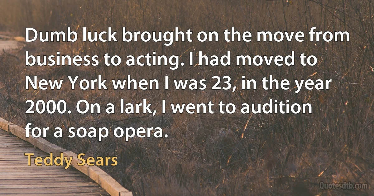 Dumb luck brought on the move from business to acting. I had moved to New York when I was 23, in the year 2000. On a lark, I went to audition for a soap opera. (Teddy Sears)