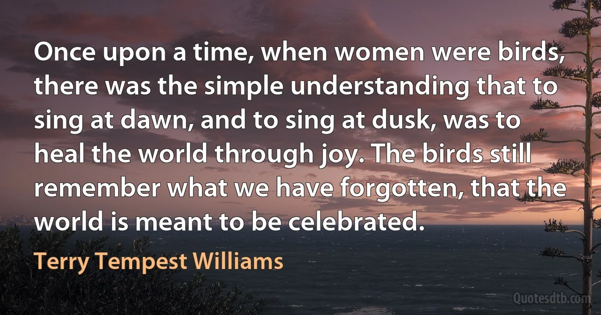 Once upon a time, when women were birds, there was the simple understanding that to sing at dawn, and to sing at dusk, was to heal the world through joy. The birds still remember what we have forgotten, that the world is meant to be celebrated. (Terry Tempest Williams)