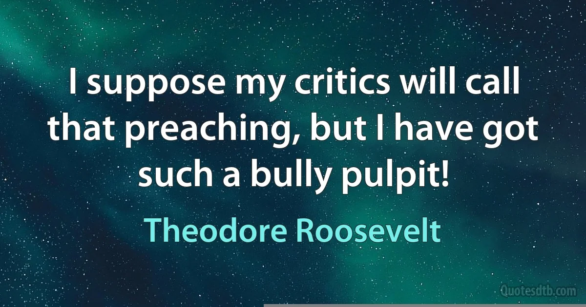 I suppose my critics will call that preaching, but I have got such a bully pulpit! (Theodore Roosevelt)