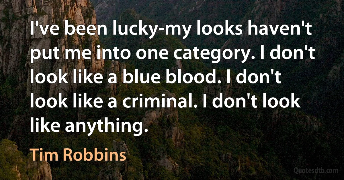 I've been lucky-my looks haven't put me into one category. I don't look like a blue blood. I don't look like a criminal. I don't look like anything. (Tim Robbins)