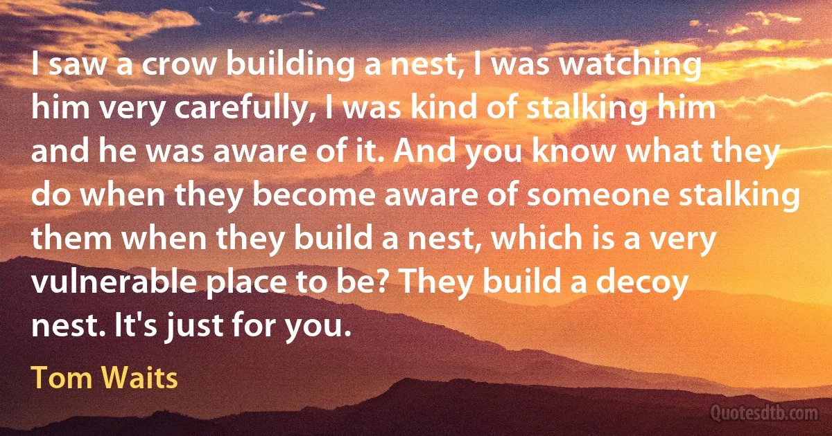I saw a crow building a nest, I was watching him very carefully, I was kind of stalking him and he was aware of it. And you know what they do when they become aware of someone stalking them when they build a nest, which is a very vulnerable place to be? They build a decoy nest. It's just for you. (Tom Waits)