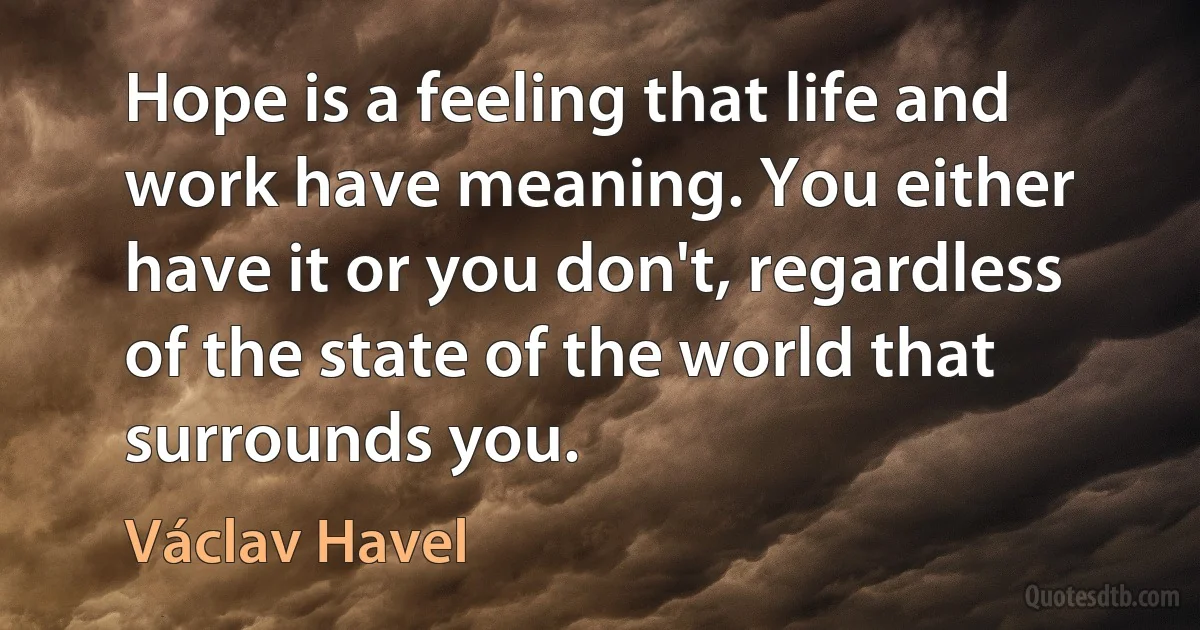 Hope is a feeling that life and work have meaning. You either have it or you don't, regardless of the state of the world that surrounds you. (Václav Havel)