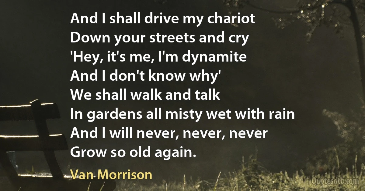 And I shall drive my chariot
Down your streets and cry
'Hey, it's me, I'm dynamite
And I don't know why'
We shall walk and talk
In gardens all misty wet with rain
And I will never, never, never
Grow so old again. (Van Morrison)