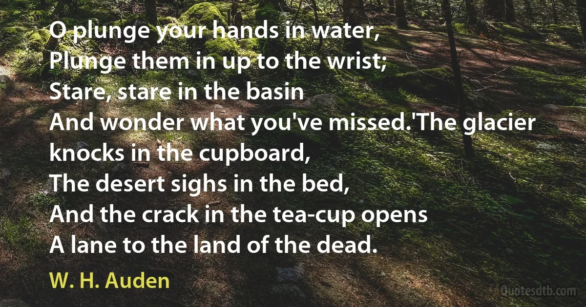 O plunge your hands in water,
Plunge them in up to the wrist;
Stare, stare in the basin
And wonder what you've missed.'The glacier knocks in the cupboard,
The desert sighs in the bed,
And the crack in the tea-cup opens
A lane to the land of the dead. (W. H. Auden)