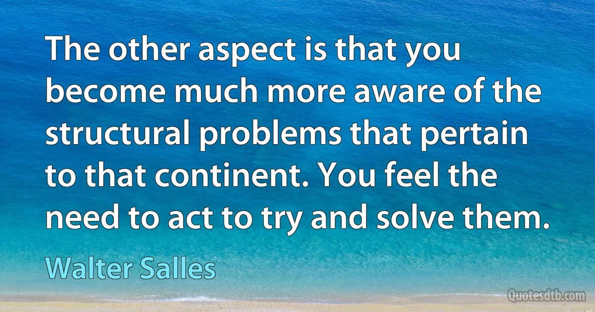 The other aspect is that you become much more aware of the structural problems that pertain to that continent. You feel the need to act to try and solve them. (Walter Salles)