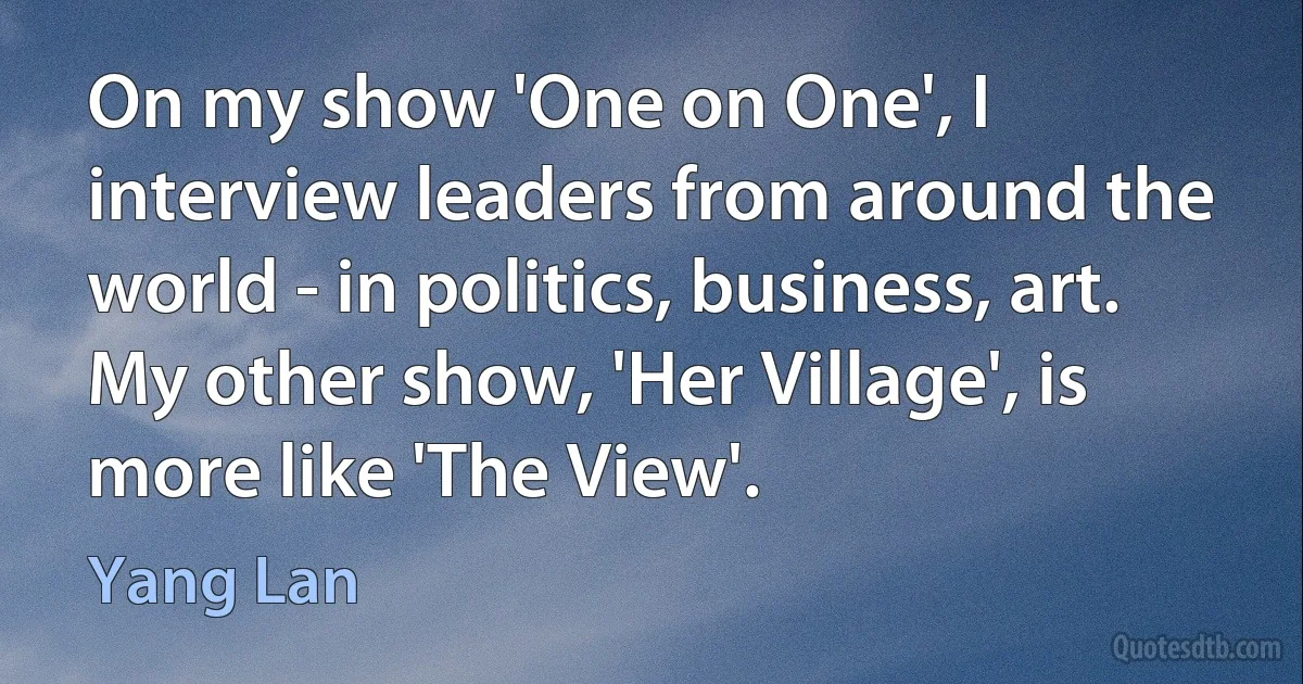 On my show 'One on One', I interview leaders from around the world - in politics, business, art. My other show, 'Her Village', is more like 'The View'. (Yang Lan)