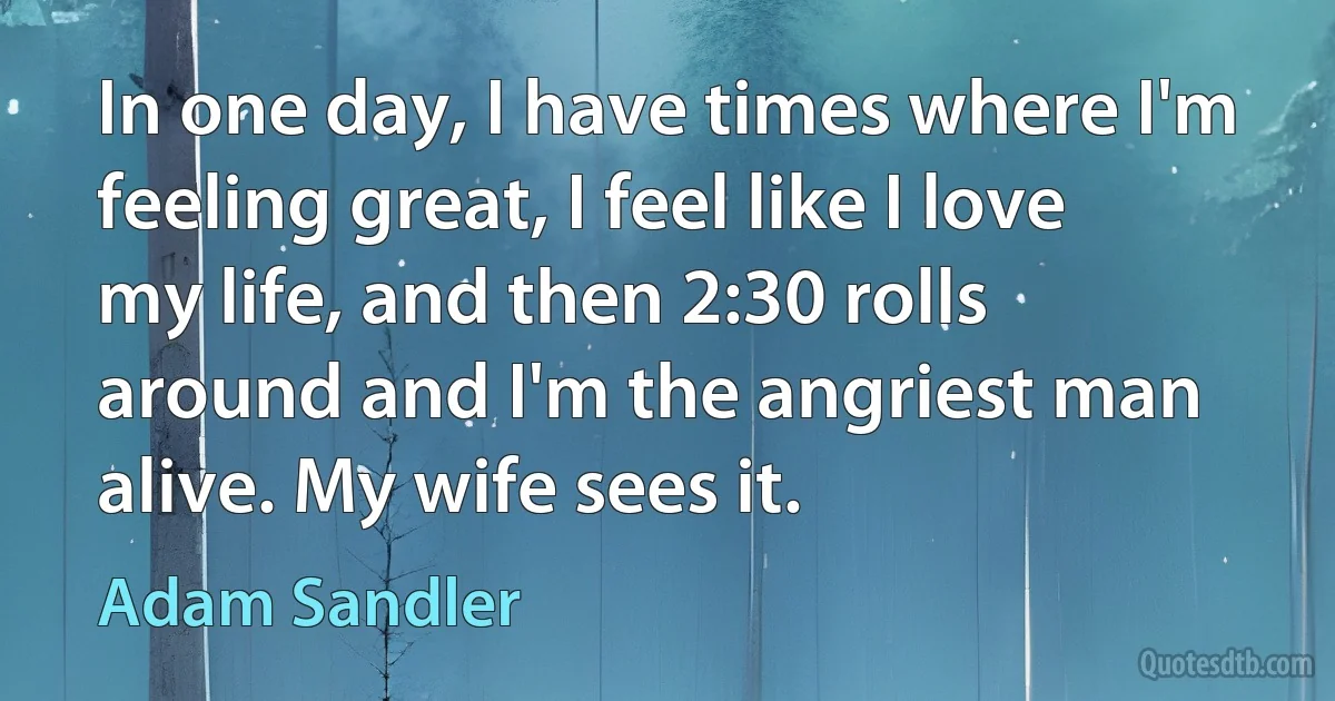 In one day, I have times where I'm feeling great, I feel like I love my life, and then 2:30 rolls around and I'm the angriest man alive. My wife sees it. (Adam Sandler)