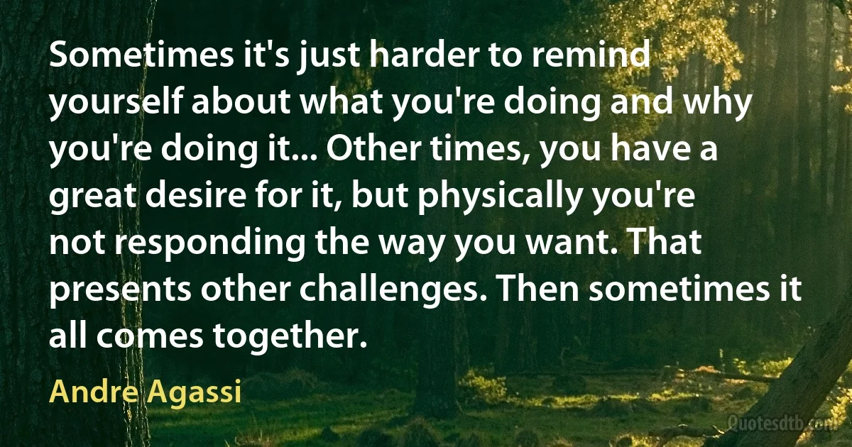 Sometimes it's just harder to remind yourself about what you're doing and why you're doing it... Other times, you have a great desire for it, but physically you're not responding the way you want. That presents other challenges. Then sometimes it all comes together. (Andre Agassi)