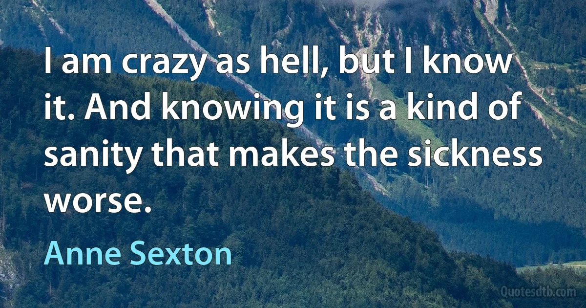 I am crazy as hell, but I know it. And knowing it is a kind of sanity that makes the sickness worse. (Anne Sexton)