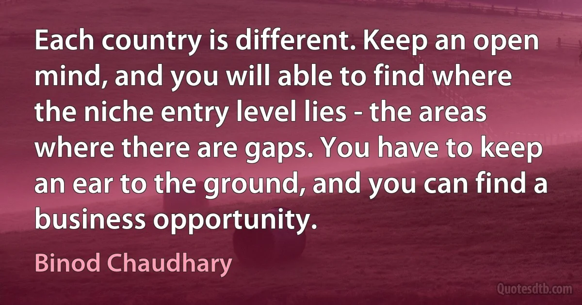 Each country is different. Keep an open mind, and you will able to find where the niche entry level lies - the areas where there are gaps. You have to keep an ear to the ground, and you can find a business opportunity. (Binod Chaudhary)