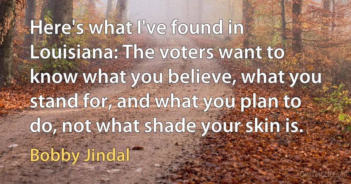 Here's what I've found in Louisiana: The voters want to know what you believe, what you stand for, and what you plan to do, not what shade your skin is. (Bobby Jindal)