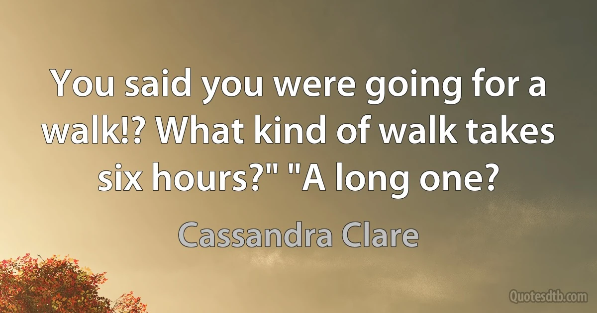 You said you were going for a walk!? What kind of walk takes six hours?" "A long one? (Cassandra Clare)