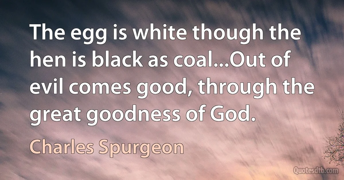 The egg is white though the hen is black as coal...Out of evil comes good, through the great goodness of God. (Charles Spurgeon)