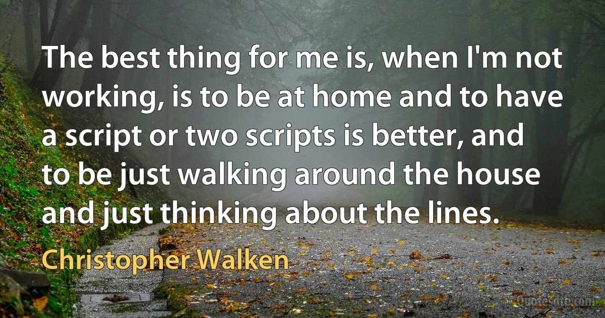 The best thing for me is, when I'm not working, is to be at home and to have a script or two scripts is better, and to be just walking around the house and just thinking about the lines. (Christopher Walken)