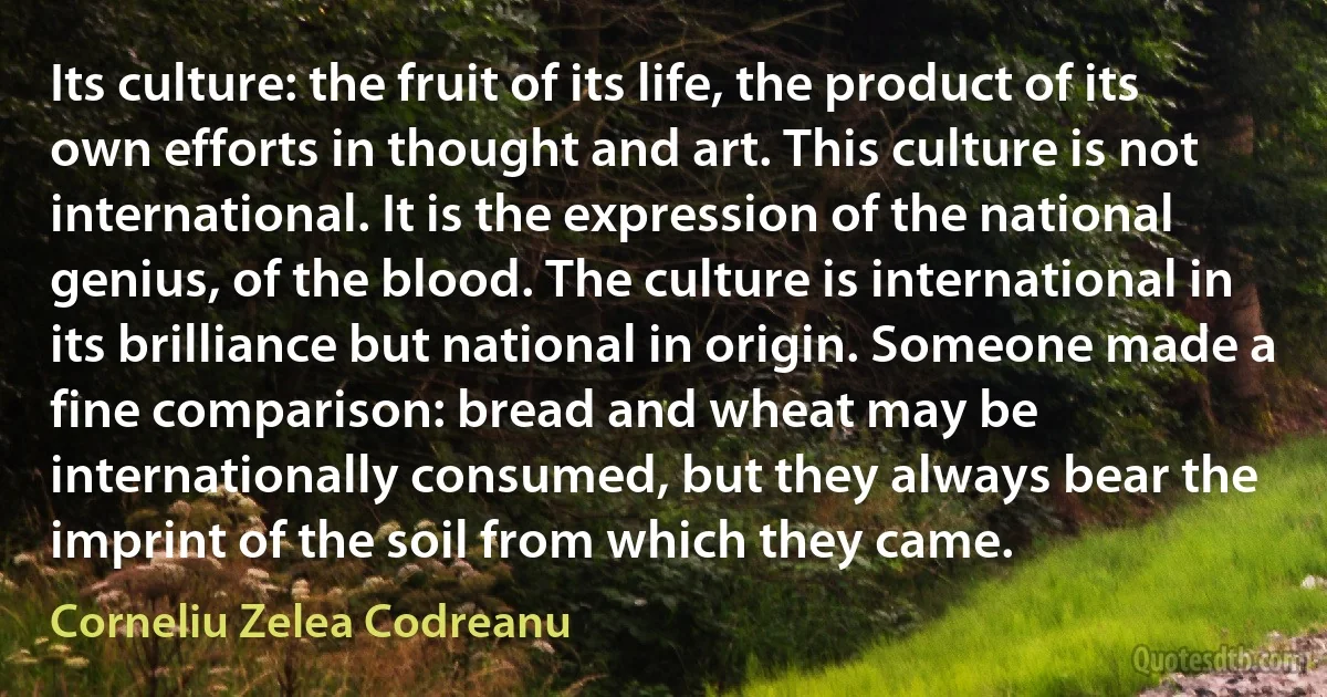 Its culture: the fruit of its life, the product of its own efforts in thought and art. This culture is not international. It is the expression of the national genius, of the blood. The culture is international in its brilliance but national in origin. Someone made a fine comparison: bread and wheat may be internationally consumed, but they always bear the imprint of the soil from which they came. (Corneliu Zelea Codreanu)