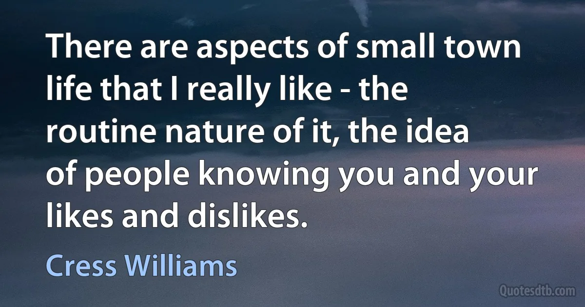 There are aspects of small town life that I really like - the routine nature of it, the idea of people knowing you and your likes and dislikes. (Cress Williams)