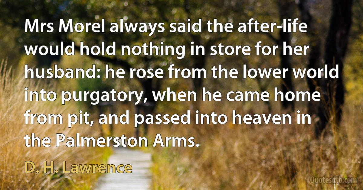 Mrs Morel always said the after-life would hold nothing in store for her husband: he rose from the lower world into purgatory, when he came home from pit, and passed into heaven in the Palmerston Arms. (D. H. Lawrence)