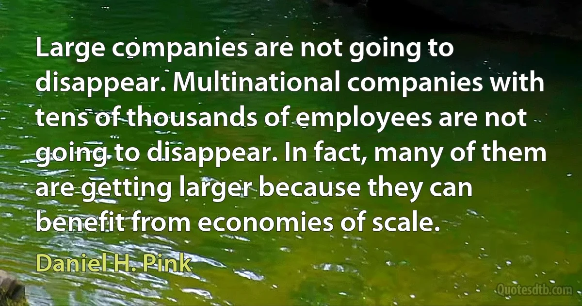 Large companies are not going to disappear. Multinational companies with tens of thousands of employees are not going to disappear. In fact, many of them are getting larger because they can benefit from economies of scale. (Daniel H. Pink)