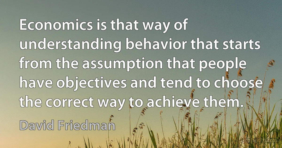 Economics is that way of understanding behavior that starts from the assumption that people have objectives and tend to choose the correct way to achieve them. (David Friedman)