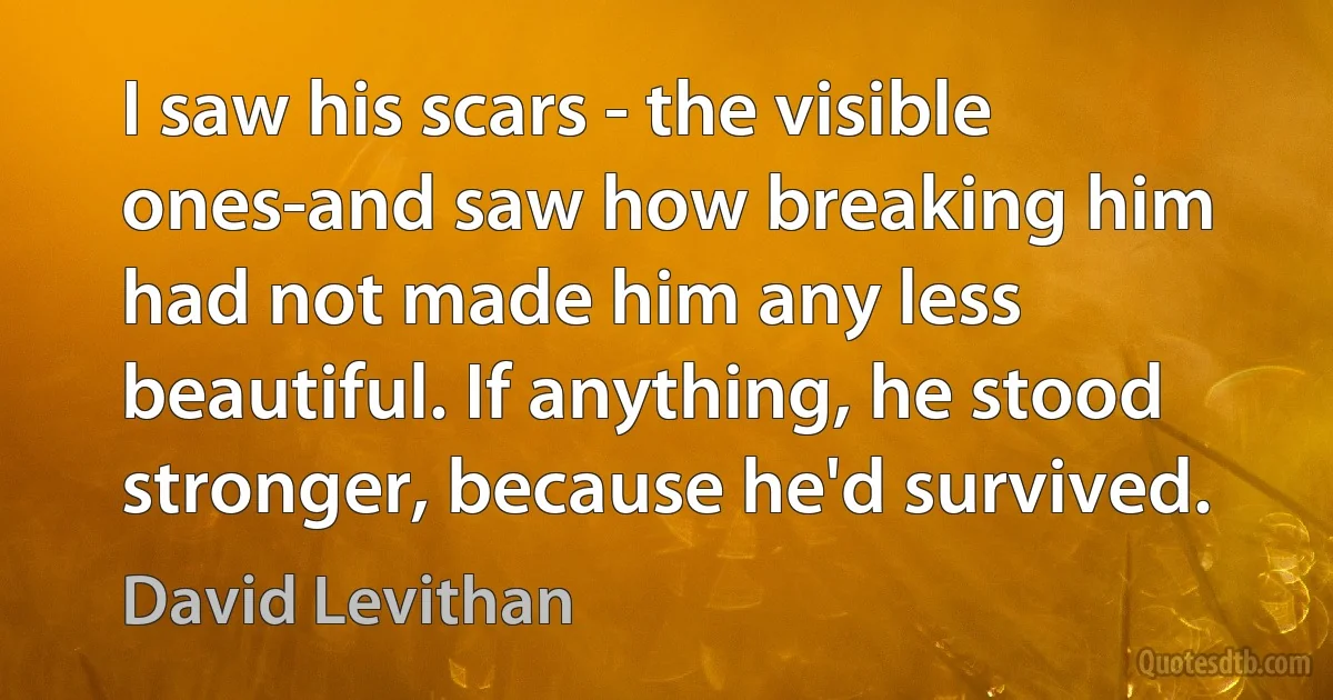 I saw his scars - the visible ones-and saw how breaking him had not made him any less beautiful. If anything, he stood stronger, because he'd survived. (David Levithan)