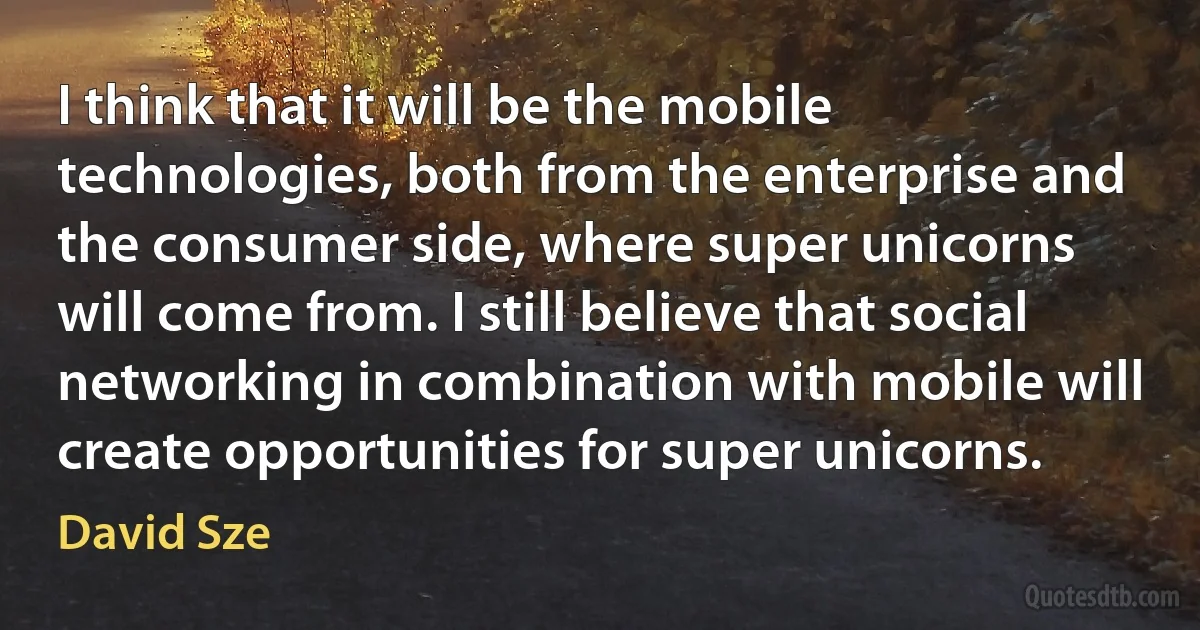 I think that it will be the mobile technologies, both from the enterprise and the consumer side, where super unicorns will come from. I still believe that social networking in combination with mobile will create opportunities for super unicorns. (David Sze)