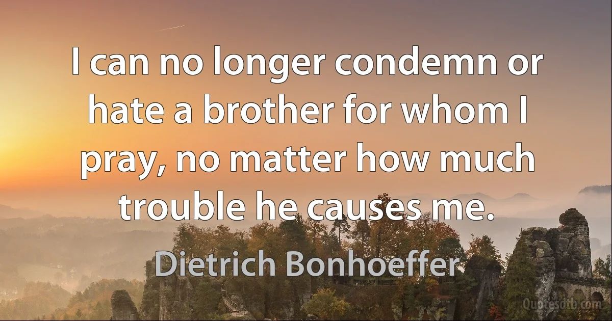 I can no longer condemn or hate a brother for whom I pray, no matter how much trouble he causes me. (Dietrich Bonhoeffer)