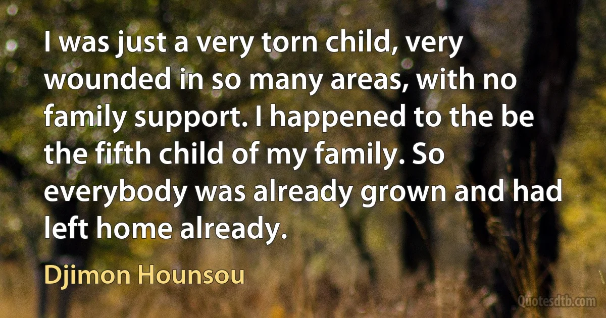 I was just a very torn child, very wounded in so many areas, with no family support. I happened to the be the fifth child of my family. So everybody was already grown and had left home already. (Djimon Hounsou)