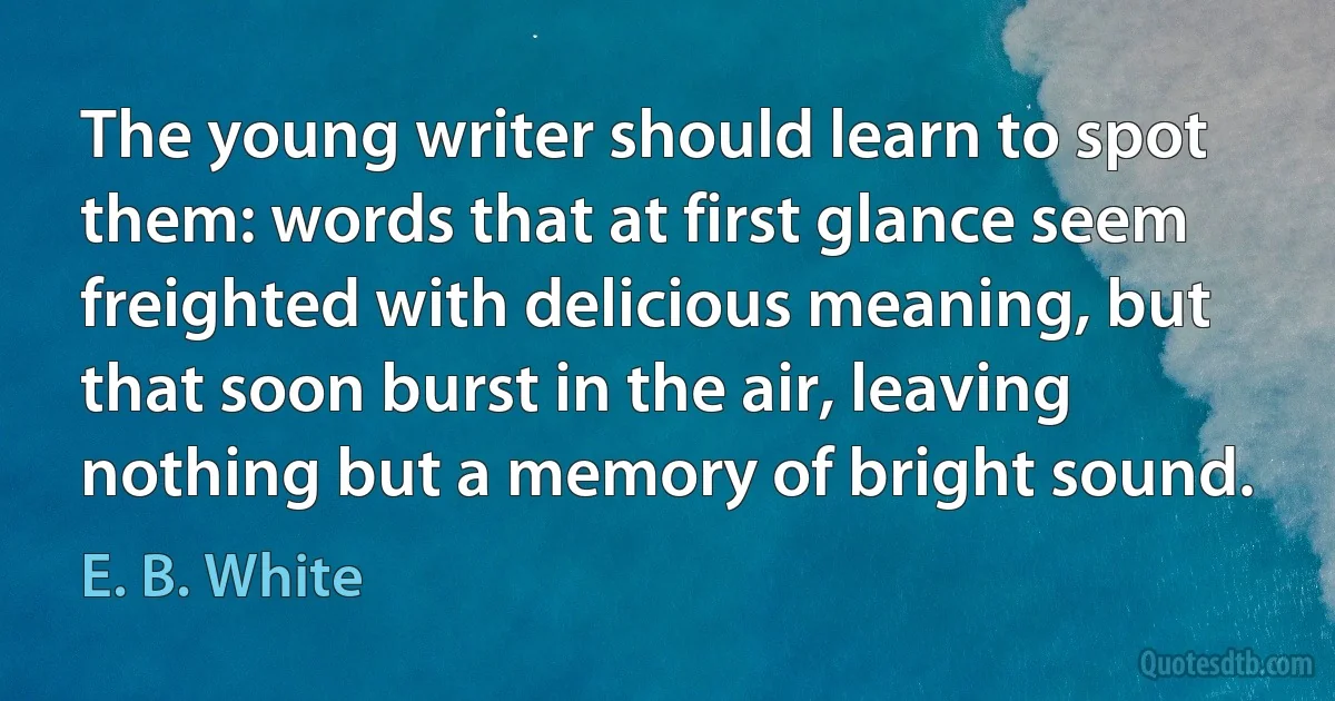 The young writer should learn to spot them: words that at first glance seem freighted with delicious meaning, but that soon burst in the air, leaving nothing but a memory of bright sound. (E. B. White)