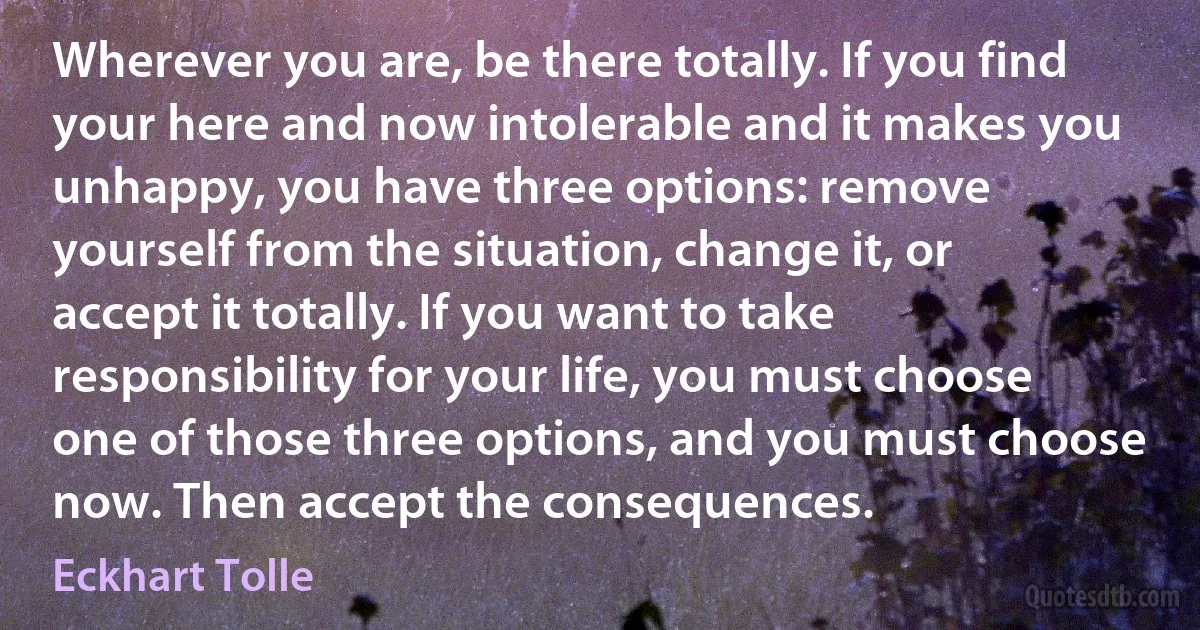 Wherever you are, be there totally. If you find your here and now intolerable and it makes you unhappy, you have three options: remove yourself from the situation, change it, or accept it totally. If you want to take responsibility for your life, you must choose one of those three options, and you must choose now. Then accept the consequences. (Eckhart Tolle)