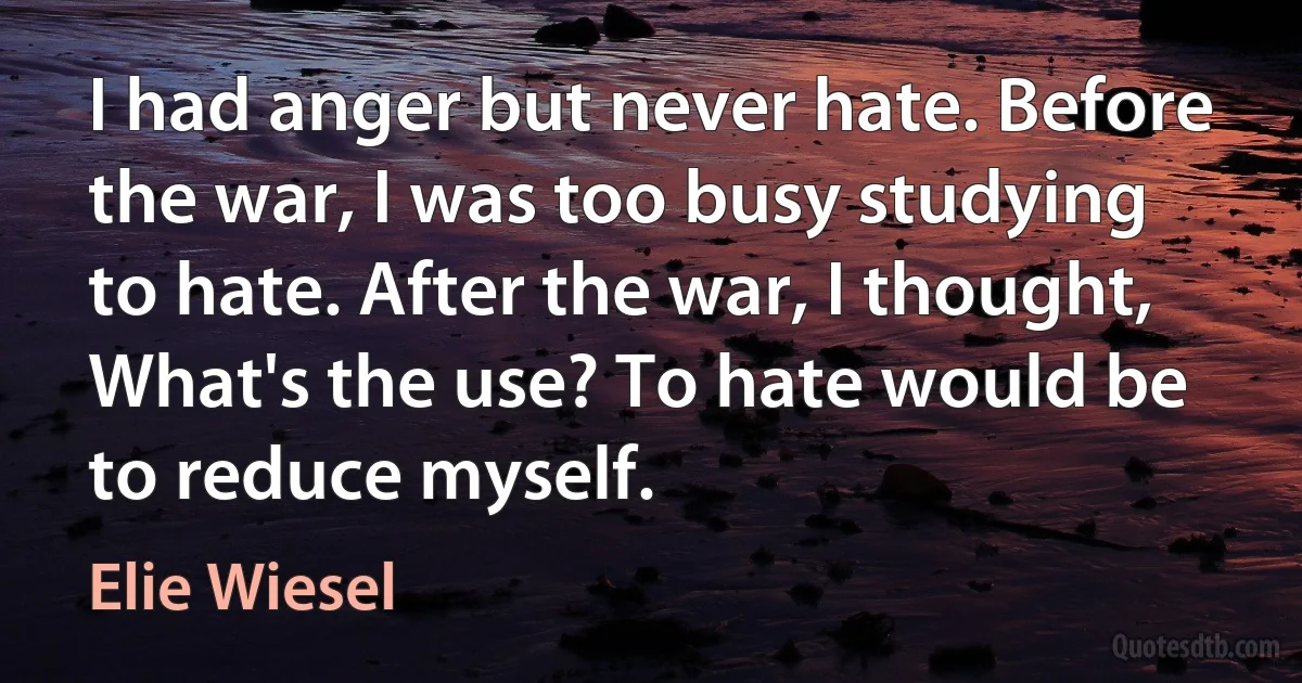 I had anger but never hate. Before the war, I was too busy studying to hate. After the war, I thought, What's the use? To hate would be to reduce myself. (Elie Wiesel)