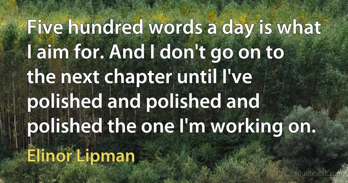 Five hundred words a day is what I aim for. And I don't go on to the next chapter until I've polished and polished and polished the one I'm working on. (Elinor Lipman)