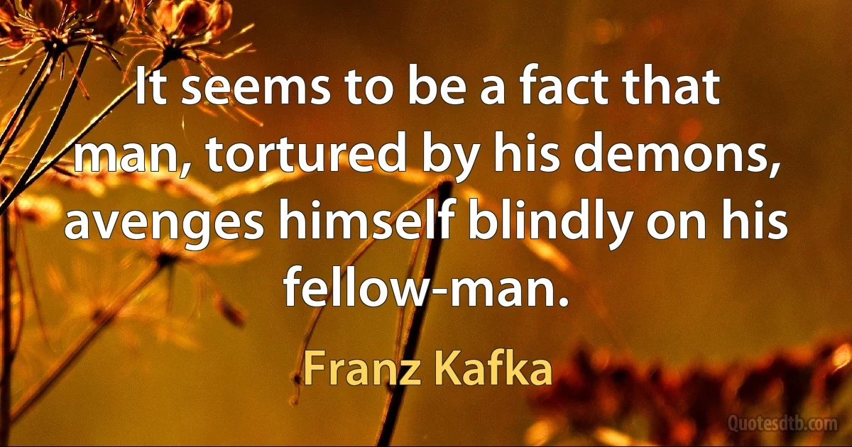 It seems to be a fact that man, tortured by his demons, avenges himself blindly on his fellow-man. (Franz Kafka)