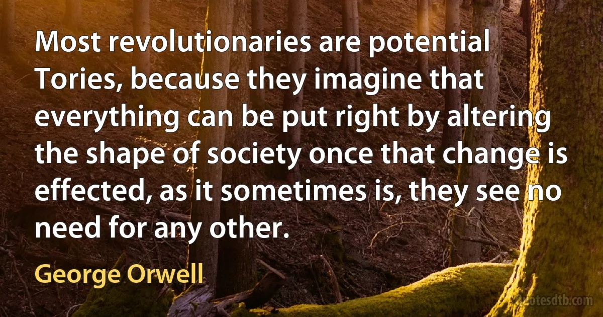 Most revolutionaries are potential Tories, because they imagine that everything can be put right by altering the shape of society once that change is effected, as it sometimes is, they see no need for any other. (George Orwell)