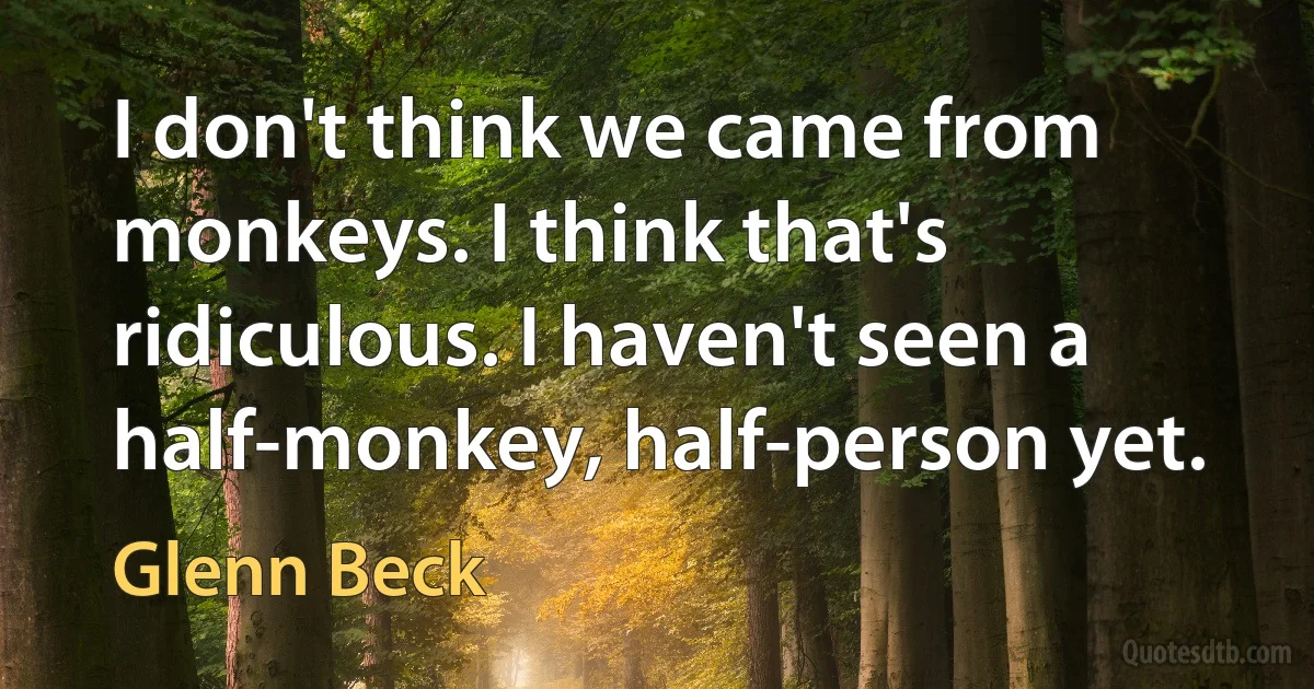 I don't think we came from monkeys. I think that's ridiculous. I haven't seen a half-monkey, half-person yet. (Glenn Beck)