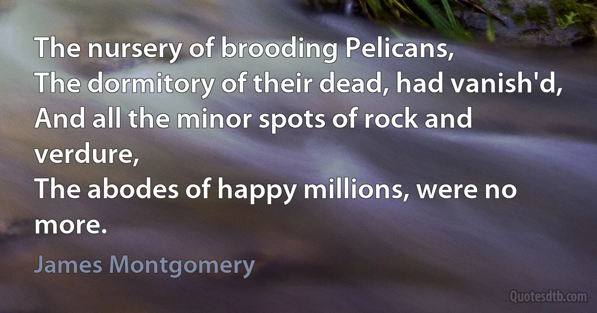 The nursery of brooding Pelicans,
The dormitory of their dead, had vanish'd,
And all the minor spots of rock and verdure,
The abodes of happy millions, were no more. (James Montgomery)