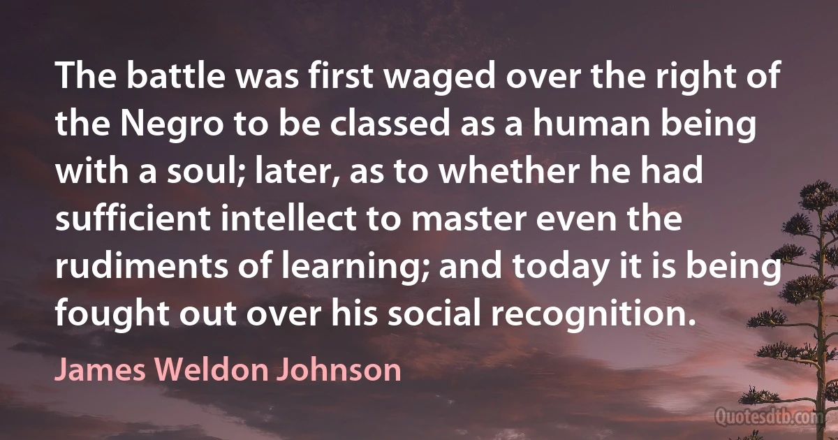 The battle was first waged over the right of the Negro to be classed as a human being with a soul; later, as to whether he had sufficient intellect to master even the rudiments of learning; and today it is being fought out over his social recognition. (James Weldon Johnson)