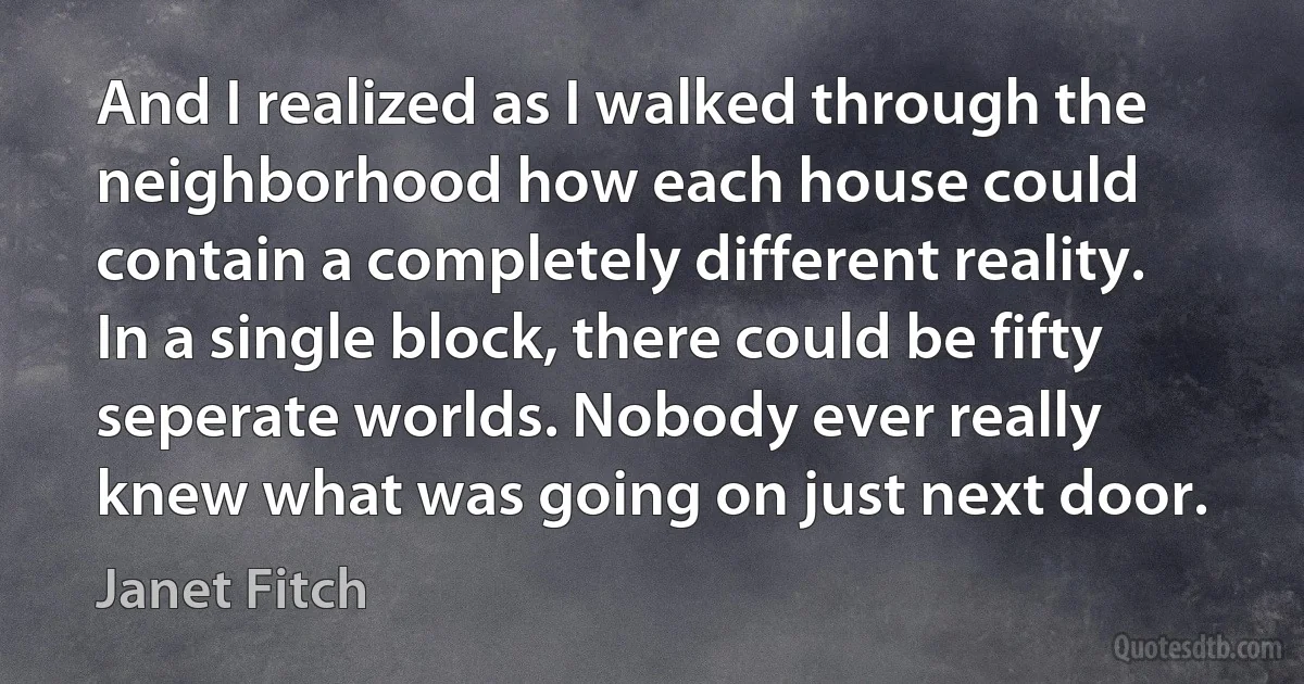 And I realized as I walked through the neighborhood how each house could contain a completely different reality. In a single block, there could be fifty seperate worlds. Nobody ever really knew what was going on just next door. (Janet Fitch)