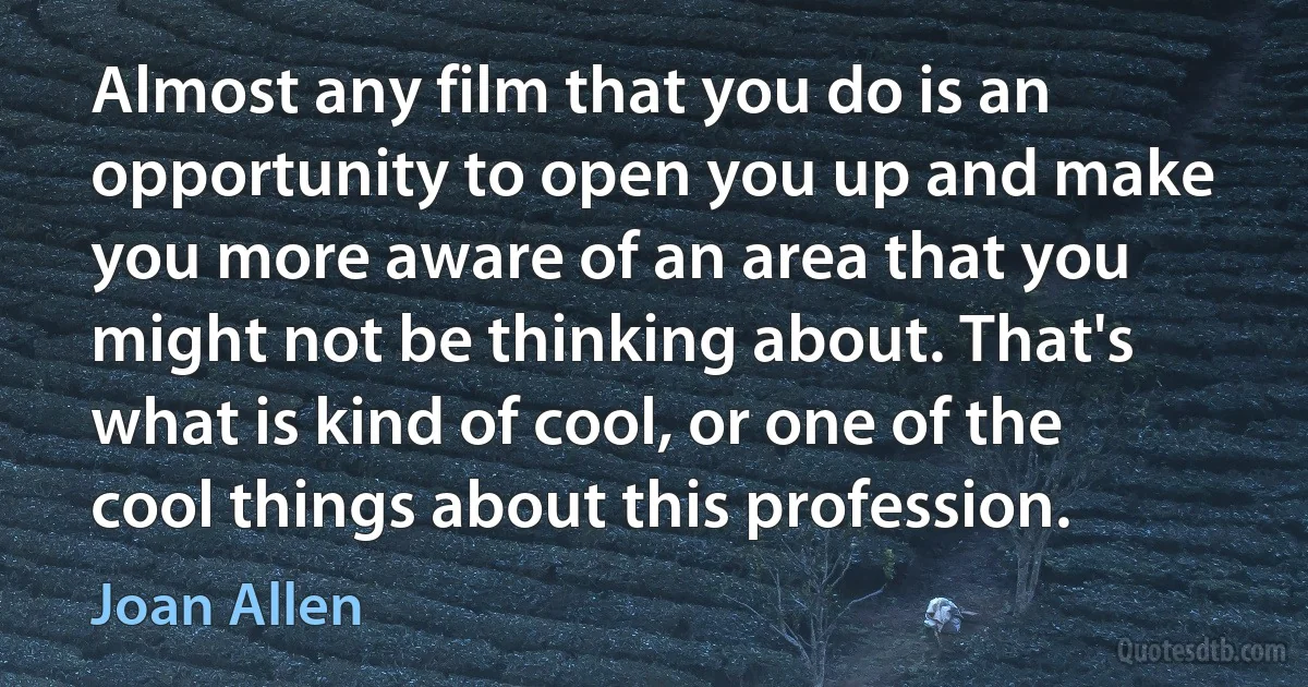 Almost any film that you do is an opportunity to open you up and make you more aware of an area that you might not be thinking about. That's what is kind of cool, or one of the cool things about this profession. (Joan Allen)