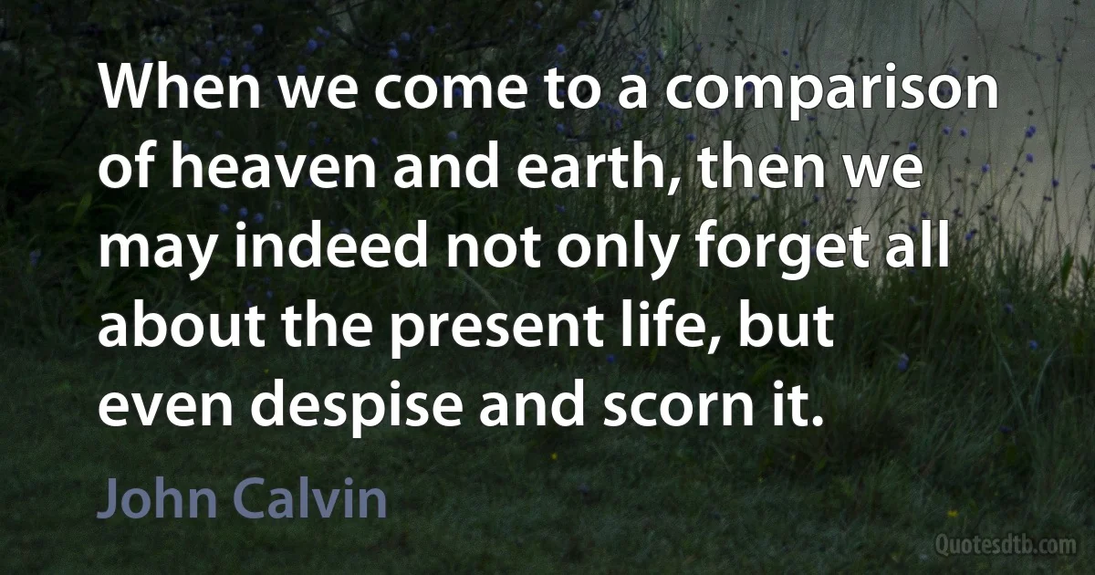 When we come to a comparison of heaven and earth, then we may indeed not only forget all about the present life, but even despise and scorn it. (John Calvin)