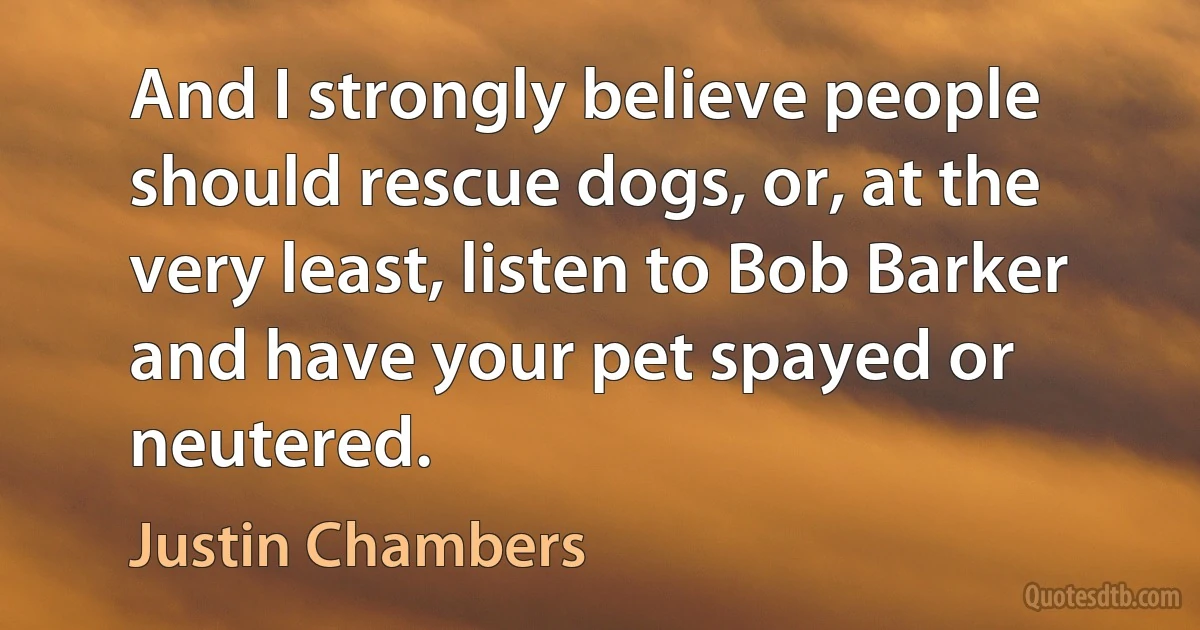 And I strongly believe people should rescue dogs, or, at the very least, listen to Bob Barker and have your pet spayed or neutered. (Justin Chambers)