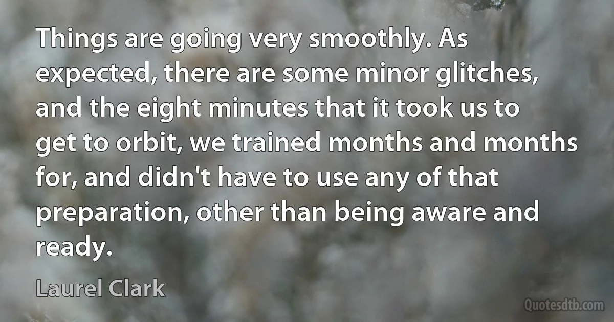 Things are going very smoothly. As expected, there are some minor glitches, and the eight minutes that it took us to get to orbit, we trained months and months for, and didn't have to use any of that preparation, other than being aware and ready. (Laurel Clark)