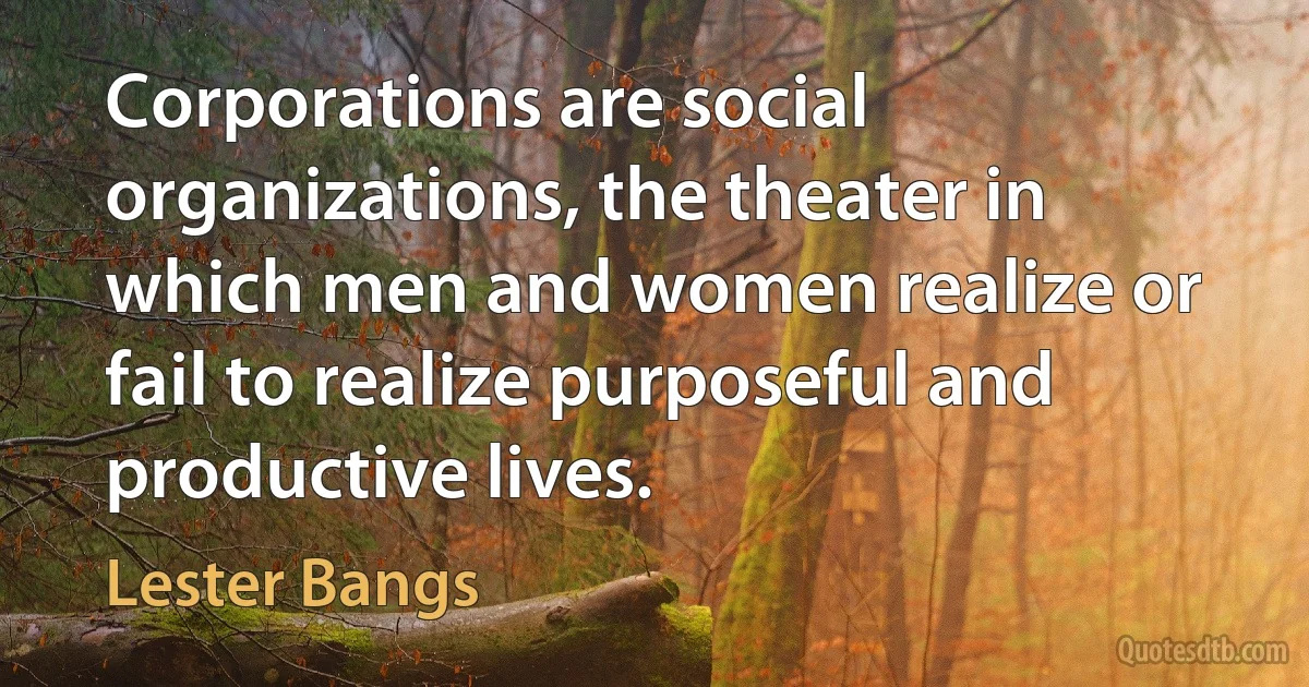 Corporations are social organizations, the theater in which men and women realize or fail to realize purposeful and productive lives. (Lester Bangs)