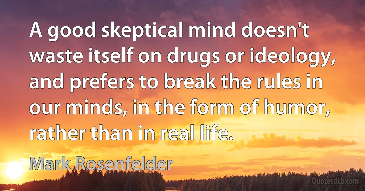 A good skeptical mind doesn't waste itself on drugs or ideology, and prefers to break the rules in our minds, in the form of humor, rather than in real life. (Mark Rosenfelder)