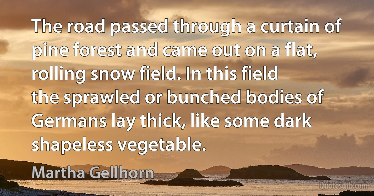 The road passed through a curtain of pine forest and came out on a flat, rolling snow field. In this field the sprawled or bunched bodies of Germans lay thick, like some dark shapeless vegetable. (Martha Gellhorn)