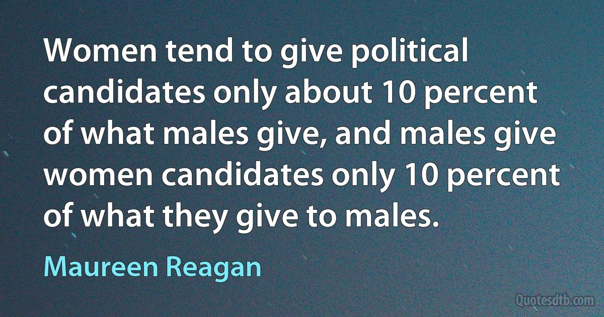 Women tend to give political candidates only about 10 percent of what males give, and males give women candidates only 10 percent of what they give to males. (Maureen Reagan)