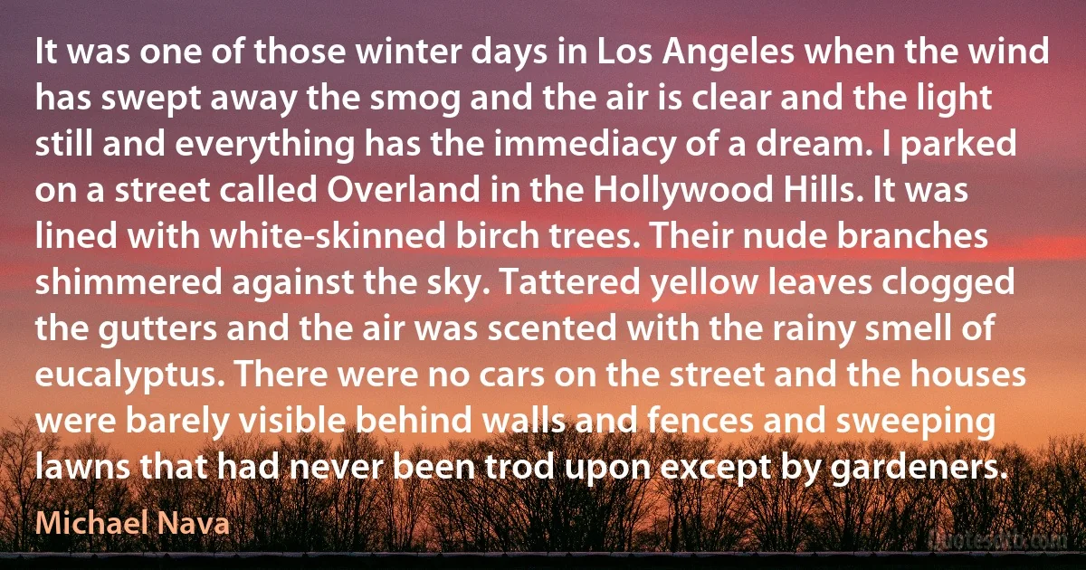 It was one of those winter days in Los Angeles when the wind has swept away the smog and the air is clear and the light still and everything has the immediacy of a dream. I parked on a street called Overland in the Hollywood Hills. It was lined with white-skinned birch trees. Their nude branches shimmered against the sky. Tattered yellow leaves clogged the gutters and the air was scented with the rainy smell of eucalyptus. There were no cars on the street and the houses were barely visible behind walls and fences and sweeping lawns that had never been trod upon except by gardeners. (Michael Nava)